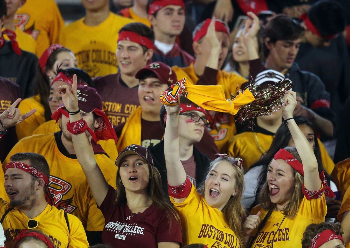 Fans of the Boston College Eagles show their support against the Clemson Tigers in the first half against the Clemson Tigers at Alumni Stadium on October 7, 2016 in Chestnut Hill,