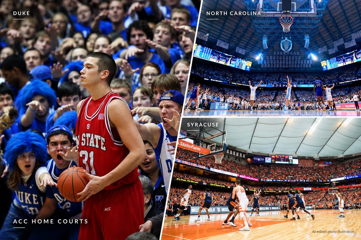 Three-panel montage shows Duke’s crowd, North Carolina’s Smith Center and Syracuse’s Dome, each labeled by school.