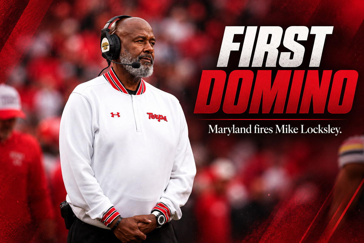 Former Maryland football coach Mike Locksley stands on the sideline wearing a headset in a graphic announcing his firing as the first major coaching change of 2026.
