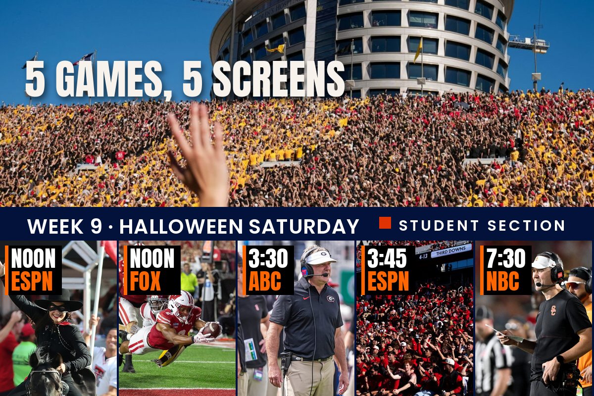 Five game photos set as TV screens under the Kinnick Stadium crowd, each with a kickoff time and network: 5 games, 5 screens